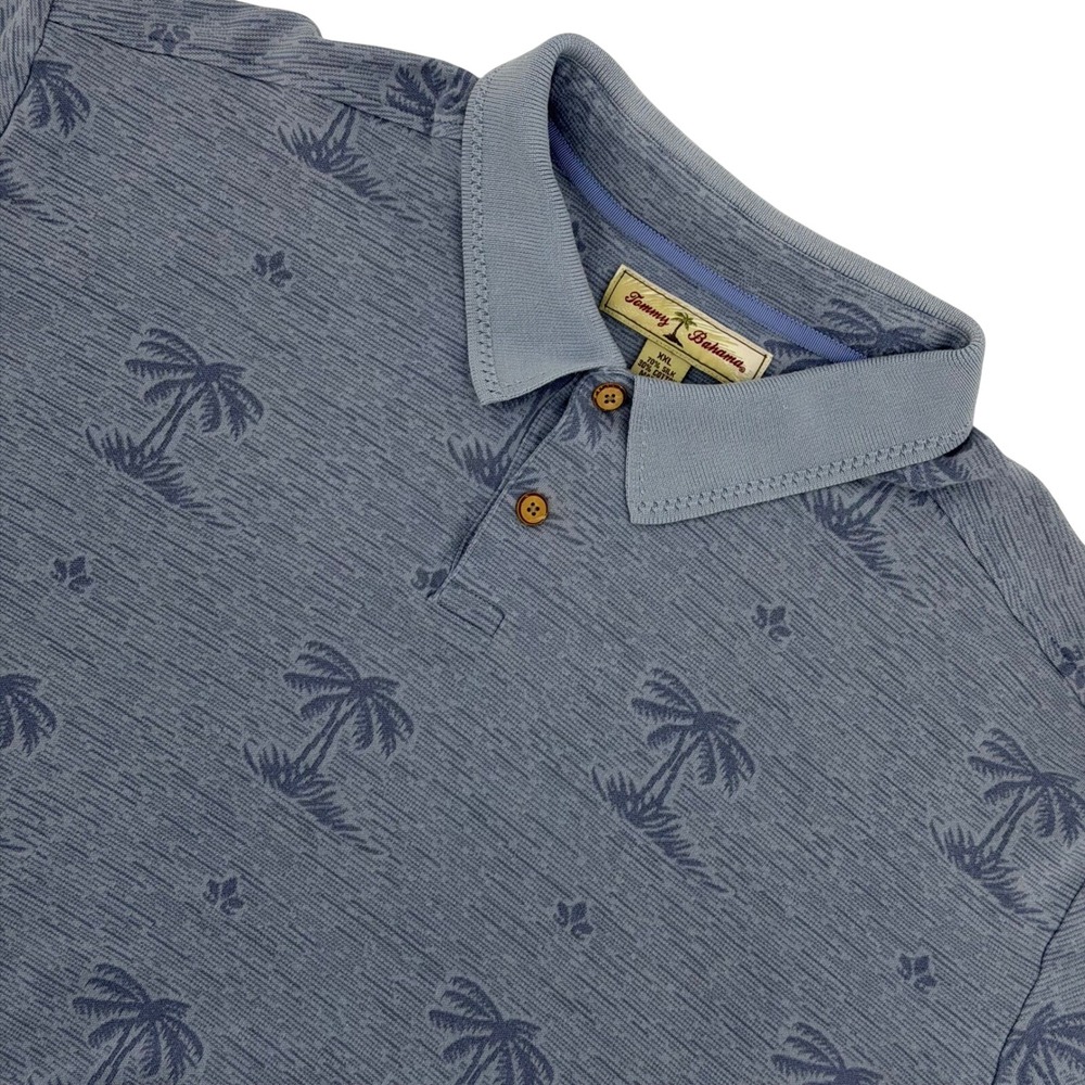 Tommy Bahama Polo Shirt Men XXL Blue Silk Cotton Palm Tree Jacquard Short Sleeve